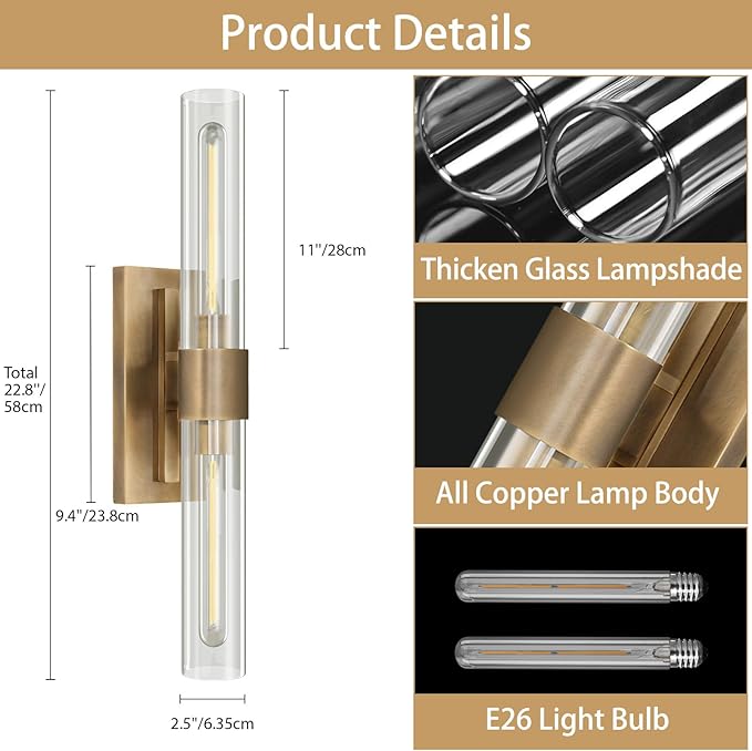 YUYI Wall Sconce, 22.8'' Brass Sconce Wall Lighting, Gold Bathroom Wall Light Fixture with Clear Glass Shade, Indoor Wall Sconce for Bathroom Vanity, Living Room, Bedroom, Hallway, Fireplace