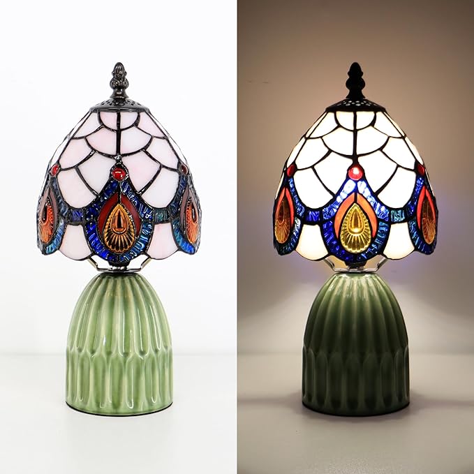 Tiffany Lamp Stained Glass Mushroom Table Lamps 6X6X12.5 Inch Pink Peacock Tail Style Small Night Light Ceramic Base Mini Accent Desk Light Suitable for Bedside Table Bedroom Children Room