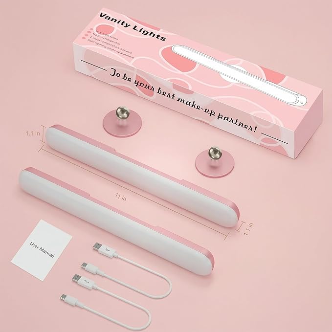 2 Pack Wireless Vanity Lights for Mirror, Rechargeable Battery Operated Makeup Light, Adjustable Light Bar, Magnetic Stick on LED Lighting Bathroom Decor Accessories, Pink