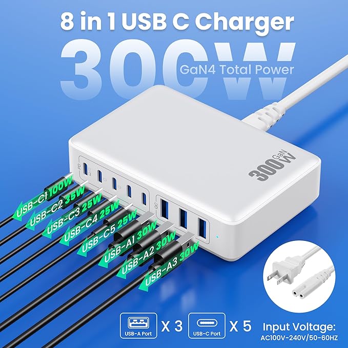 USB C Charger 300W USB C Charger Block, 8-Ports GaN IV Fast Charging Station Hub,PD 100W Laptop Charger Adapter,for MacBook Pro/Air/iPad/iPhone16/15/14/Apple Watch/DELL/Samsung for Home Office