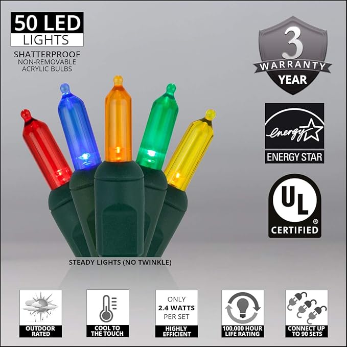 Wintergreen Lighting 50 T5 Christmas Tree Lights Multicolor, 25.5' LED Multicolor Mini Lights Indoor-Outdoor Christmas String Lights Party