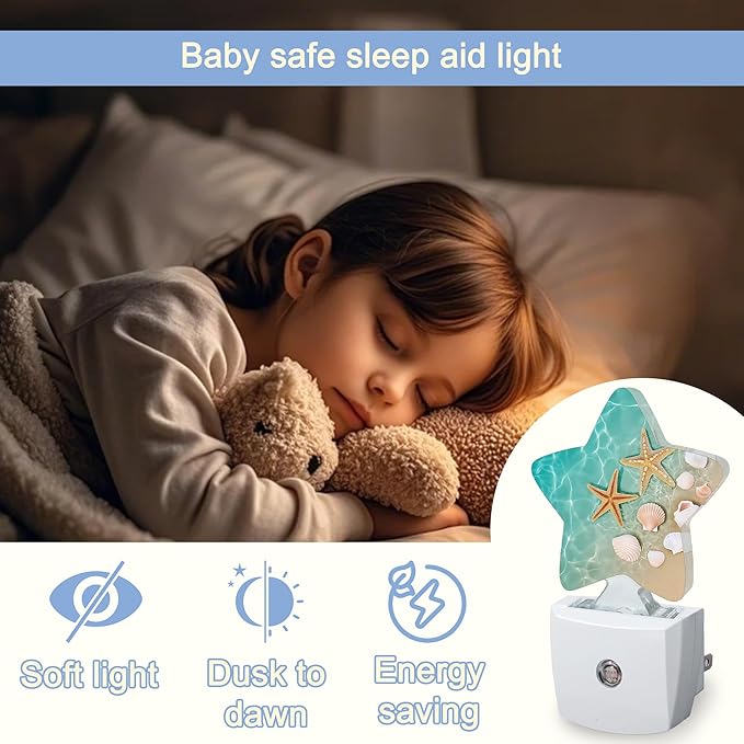 Night Light,Beach Starfish Shell Plug into Wall with Dusk to Dawn Light Sensors,Coastal Summer Warm Star Nightlights for Bedroom,Bathroom,Hallway,Kitchen Home Decor Desk Lamp