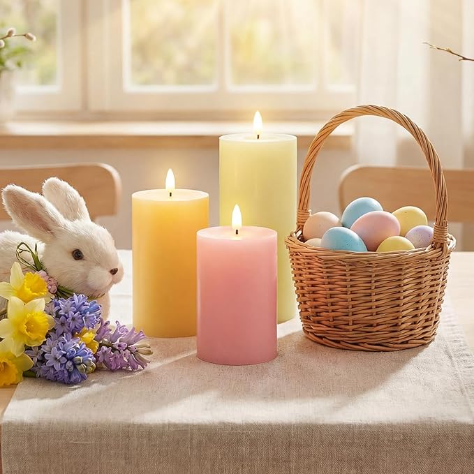 3 Pcs Easter Flameless Candles Battery Operated LED Flickering Pillar Candles with Remote Real Wax Pastel Spring Table Decor for Easter Party Wedding Table Centerpiece Home Decorations