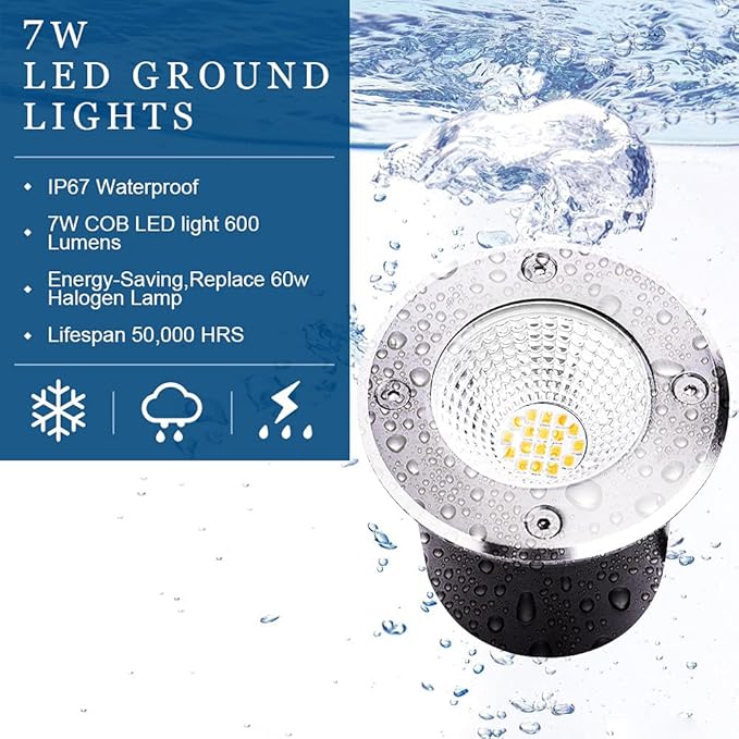 7W Led Landscape Well Lights, Low Voltage Landscape Ground Lights,12V/24V Landscape Lighting,IP67 Waterproof Outdoor InGround Lights for Garden Tree Uplights,Deck,Yard,Patio 6Pack(Warm White)