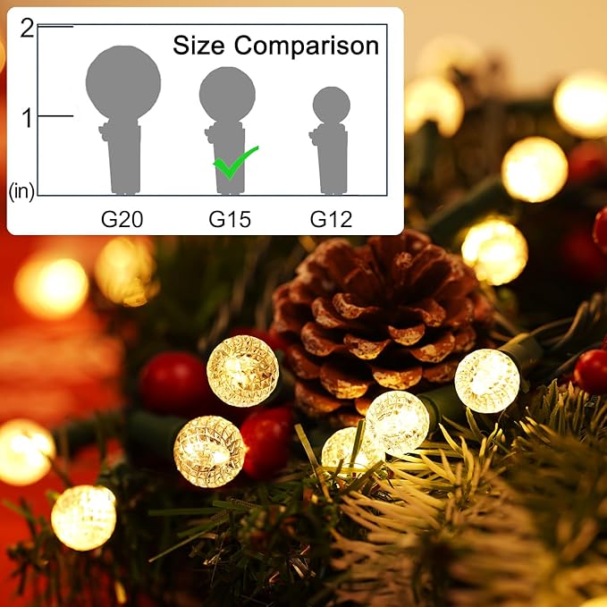 BOHON Christmas Lights Outdoor Faceted G15 50 LED 17ft Plug in Mini Globe String Lights Waterproof Extendable Green Wire for Indoor Patio Xmas Thanksgiving Tree Decoration Warm White