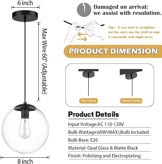 KoKo&Yukina 8 inch Globe Pendant Lighting for Kitchen Island Mid Century Modern Hanging Light Fixture with Clear Globe Glass Black Industrial Hanging Ceiling Lights for Bathroom Entryway (Bulb Incl.)