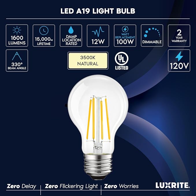 LUXRITE Vintage A19 LED Light Bulbs 100 Watt Equivalent, 1600 Lumens, 3500K Natural White, Dimmable Edison Light Bulbs, 12W, Damp Rated, UL Listed, Clear Glass Filament Bulb, E26 Medium Base (2 Pack)