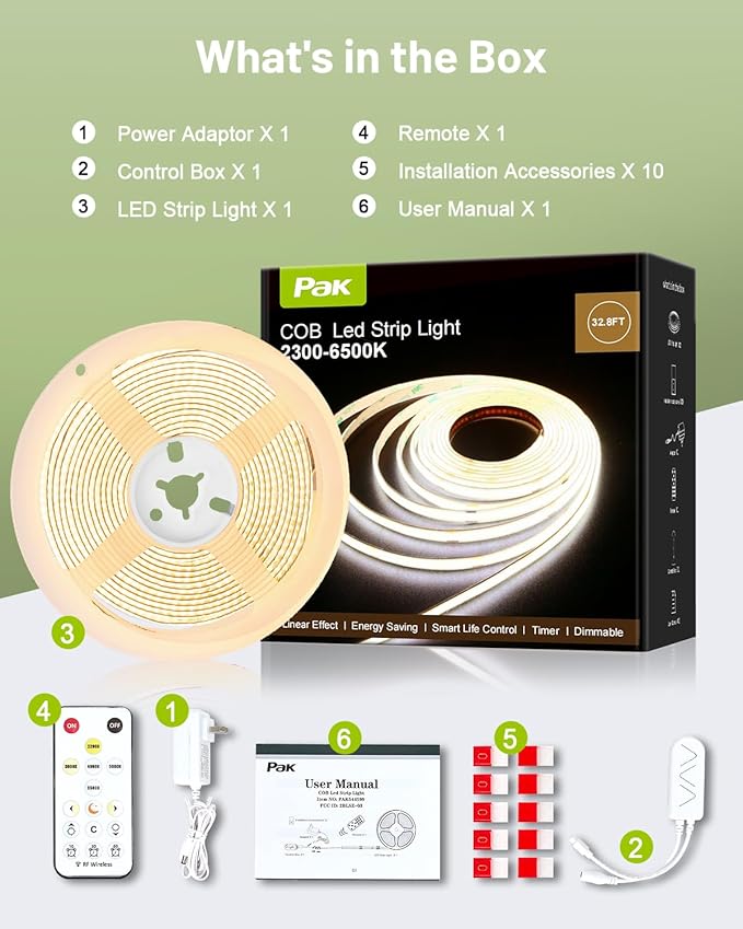 COB LED Strip Lights 32.8ft, Dimmable White CCT Tunable 2300K-6500K, DC 24V High Lumen Cuttable LED Tape Light, 6080 LED 48W CRI 90, APP Remote Control, Music Mode, For Home DIY, Living Room, Bedroom