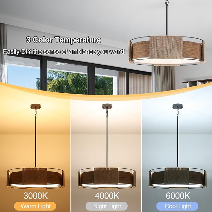 4-Light Rattan Chandelier, 23.62'' Dual-Layer Shade Light Rustic Rattan and Metal Wood Grain Round Pendant Kitchen Island Lighting Hanging Drum Chandeliers for Dining Room Foyer Bedroom Living Room
