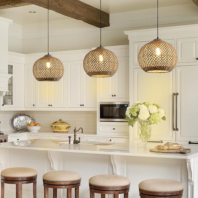 Rattan Pendant Light Fixture,13.79" Boho Rattan Kitchen Island Seagrass Lighting, Hand Woven Coastal Wicker Chandelier,for Farmhouse Dining Room Entryway Foyer 1-Light