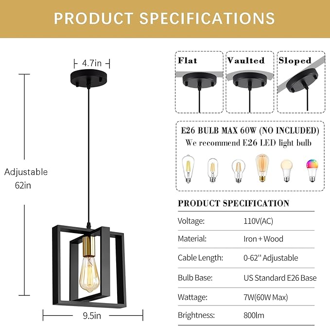 Farmhouse Small Pendant Light Fixture,Kitchen Island Hanging Lamp with Cord, Black+Gold Finish, Wood Frame Chandelier for Hallway Entryway Closet Bedroom,9.5 Inch,E26.