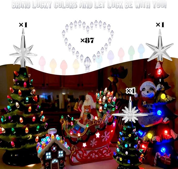 Ceramic Christmas Tree Replacement Lights Bulbs, Clear White Medium Twist Plastics Pegs Ornaments for Ceramic Tree(87 Bulbs＆ 3 Topper Star)