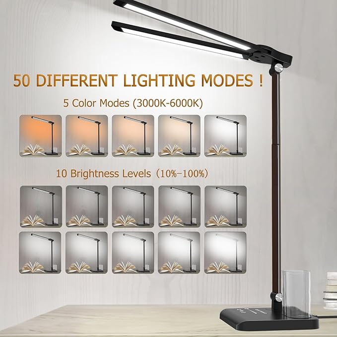 Retractable Dimmable LED Desk Lamp with USB Charging Port, 50 Lighting Modes Dual Swing Arm Architect Adjustable Table Lamp Light Desk Lamp for Home Office Dorm Piano Nail, Black