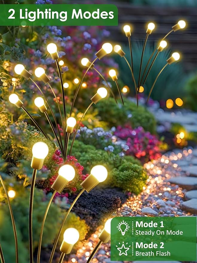 2026 Upgraded Solar Lights Outdoor, 4 Pack Solar Garden Lights with 2 Modes, Firefly Lights Outdoor Waterproof, Sway by Wind, Twinkle Firefly Light for Yard Patio Path Garden Decoration (Warm White)