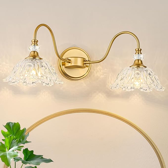 Gold Bathroom Vanity Light, 2-Light Brushed Gold Finish Vanity Light with Floral Clear Glass Shades, Retro Wall Mount Lighting for Bathroom, Dressing Table