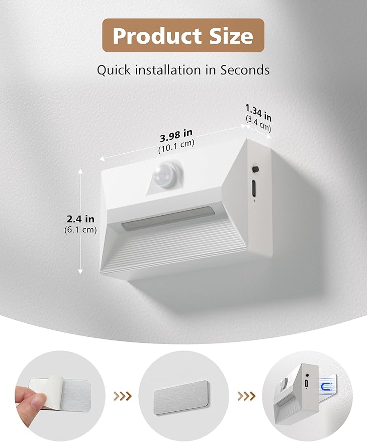 NIORSUN Motion Sensor Night Light, Rechargeable Stair Lights Indoor, 3 Colors and Motion Modes 2000mAh Battery Night Light with Light Sensor for Stairway, Hallway, Bathroom, Kitchen White 8 Pack