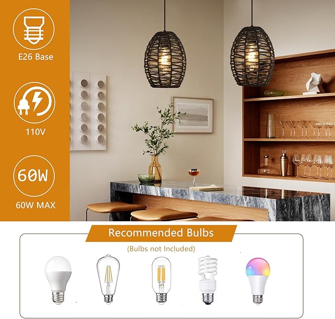DELIPOP Pendant Light, Hand-Woven Rattan Chandelier, Boho Hanging Light with Adjustable Cord 4.9ft for Living Room, Dining Room, Kitchen, Bedroom (Black)