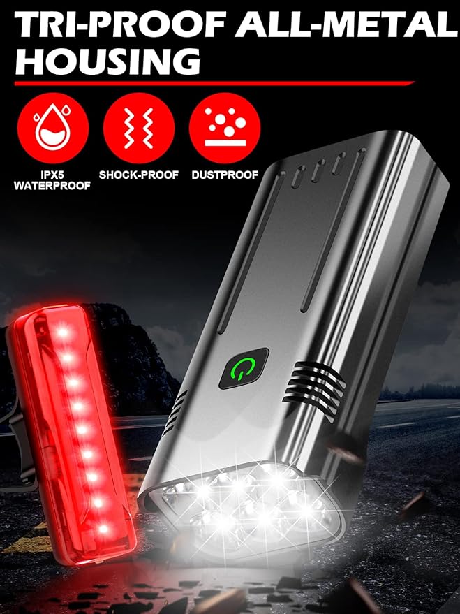 High Lumens Bike Lights Front and Back for Night Riding, 10000mAh USB Rechargeable 6 LED Bicycle Light, 5+5 Modes Bike Headlight and Tail Light Set Runtime 60+ Hrs, IPX5 Waterproof