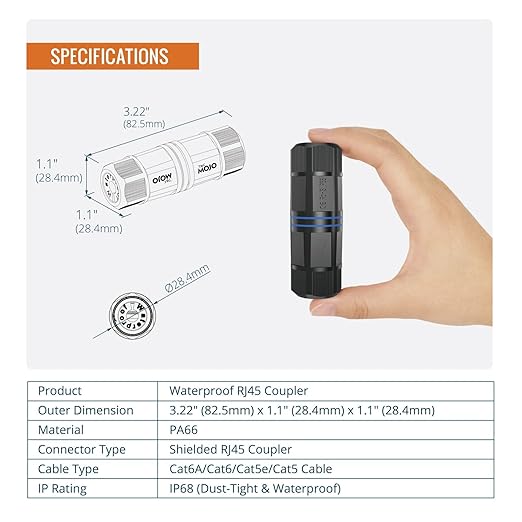 Tecmojo Waterproof Cat6 Coupler, IP68 Outdoor Ethernet Connector for CAT6/CAT5E/CAT5,Shielded RJ45 Ethernet Extender for IP Camera and PoE Device, 3.2in,6 Pack