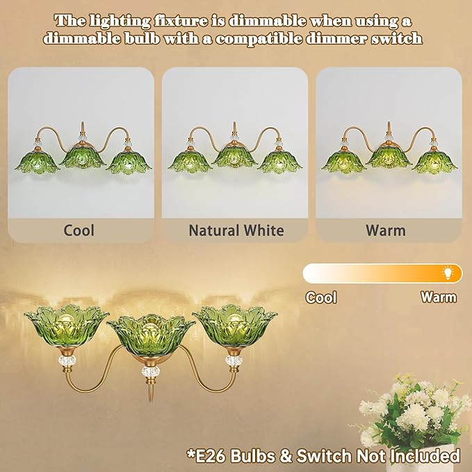Vintage Bathroom Vanity Light, 3-Light Matte Brass Finish Vanity Light with Floral Green Glass Shades, Retro Wall Sconce for Bathroom, Dressing Table