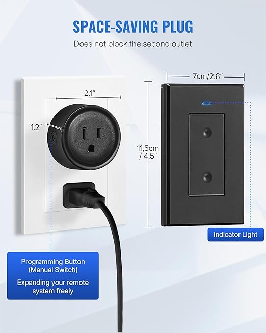 Black Remote Control Outlet Plug, WILAWELS Wireless Light Switch, On Off Remote Switch Outlet for Lights, Lamps, Home Appliance, 100ft RF Range, FCC Listed (2 Controllers + 1 Outlet) H05RC2106
