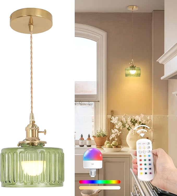 Battery Operated Pendant Light 5000mAh Rechargeable Chandelier with Remote Control Wireless Adjustable Hanging Green Striped Light for Kitchen Island Dining Room Hallway