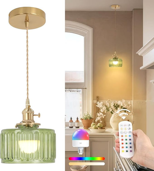 Battery Operated Pendant Light 5000mAh Rechargeable Chandelier with Remote Control Wireless Adjustable Hanging Green Striped Light for Kitchen Island Dining Room Hallway