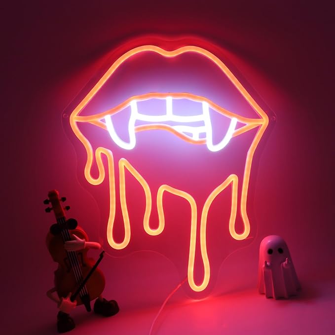Vampire Fangs Neon Sign, Red Lips LED Light for Halloween Wall Decor, Horror Gothic Neon Sign for Bedroom, Bar, Vampire Theme Party Decorations