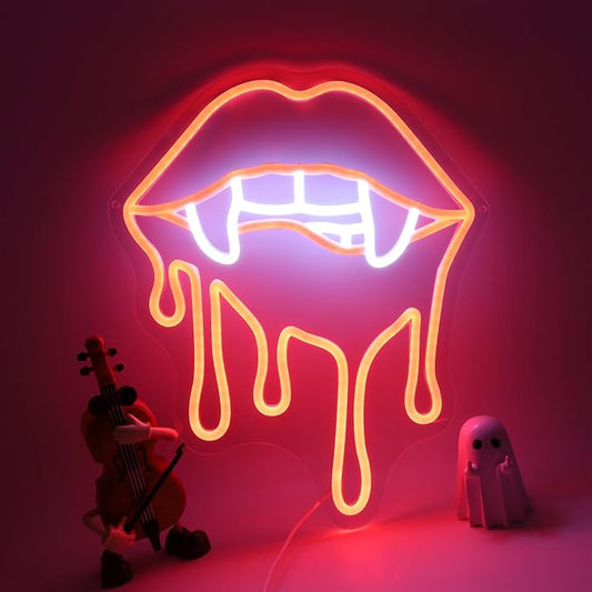 Vampire Fangs Neon Sign, Red Lips LED Light for Halloween Wall Decor, Horror Gothic Neon Sign for Bedroom, Bar, Vampire Theme Party Decorations