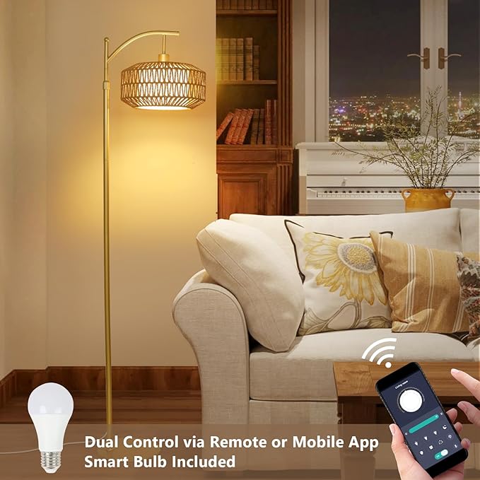 Arc Gold Floor Lamp with Remote and LED Bulb, Dimmable Floor Lamps for Living Room with Rattan and Fabric Shades, Boho Tall Lamp with 3 Color Temperatures, Corner Standing Lamps for Bedroom