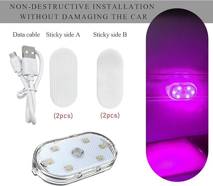 2 PCS Car LED Lights Interior Wireless, Sticky Car Ambient Lighting with 6 Bright LED Lamp Beads, Portable USB Rechargeable Vehicle Interior Led Night Light for Car (Pink)
