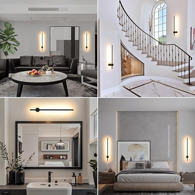 LED Wireless Wall Sconce with Remote Control, Dimmable/350° Rotate/Timing/USB Rechargeable Battery Powered Indoor Wall Lamps, 23.6 inch Black Wall Lights Set of Two for Hallway, Living Room, Bedroom