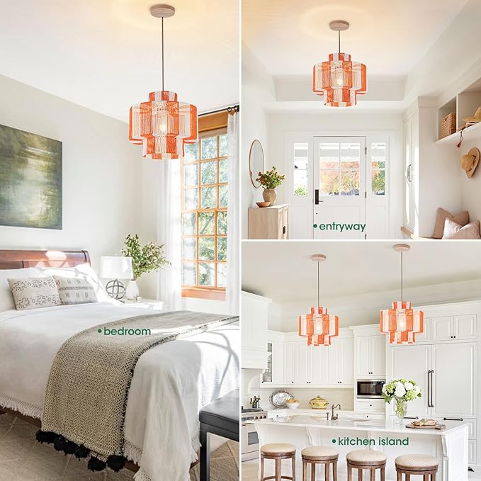 Rattan Pendant Light Fixture,Boho Light Chandelier for Dinning Room,13.3'‘ Woven Hanging Light Boho Pendant Lights 3-Tier Basket Light for Kitchen Island Hallway Nursery Bedroom