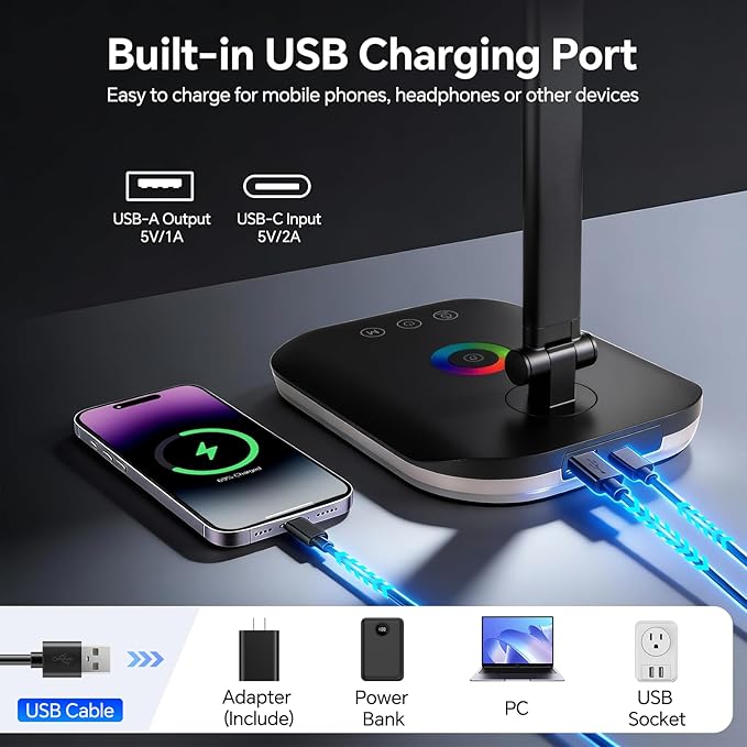 Bright LED Desk Lamp for Office Home, 10%-100% Stepless Dimmable & 5 Color Temperatures, Eye Caring Desk Light for Office, Study, Craft, Puzzle, Nail, Sewing | USB Charging | 45 Min Timer | RGB