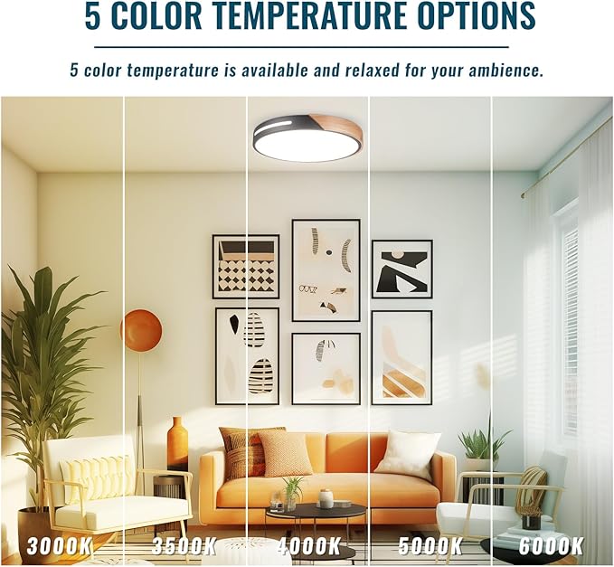 Wood Ceiling Light Flush Mount LED 36W, 16 inch Flush Mount Black, Kitchen Light Fixtures Ceiling Mount, Dimmable Close to Ceiling Light for Bedroom, Living Room, Bathroom