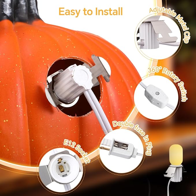 Leelosp 8 Pack Accessory Cord with 1 LED Light Bulb, 4.9 FT Christmas Village Blow Mold Light Cord E12 Clip-On Socket with Double Fuse for Halloween Pumpkin DIY Holiday Decorations