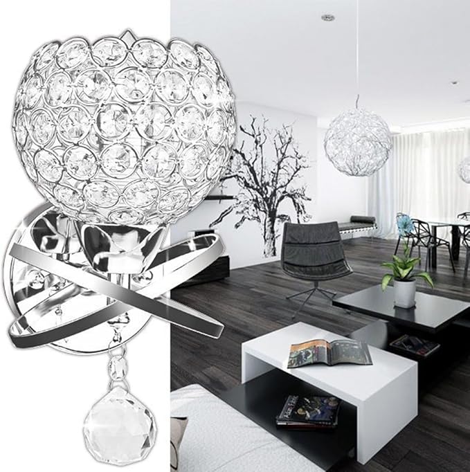 Round Modern Crystal Wall Light Chrome Finish Bedroom Wall Sconce Lighting Fixture with Plug and Cord Switch, E26 Socket