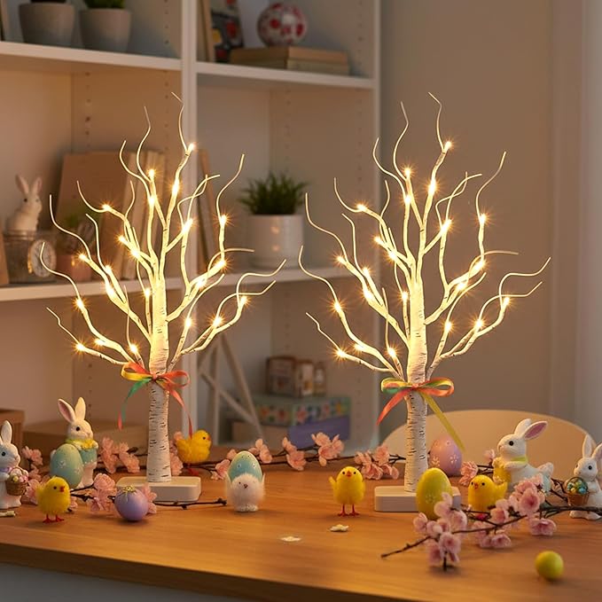 EAMBRITE Birch Tree with Led Lights, White Christmas Tree, Lighted Mini Small Artificial Tree Lamp Prelit Twig Trees Timer Battery Operated for Table Centerpiece Easter Home Decorations Indoor 2Pack