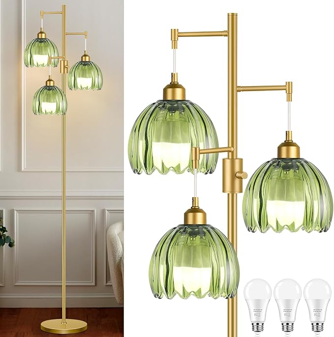 Dimmable Floor Lamps for Living Room-3 Light Gold Floor Lamp with Three Bulbs & Glass Lampshape, Mid Century Modern Standing Lamp Tree Tall Flower Floor Lamp for Bedroom Living Room,Corner