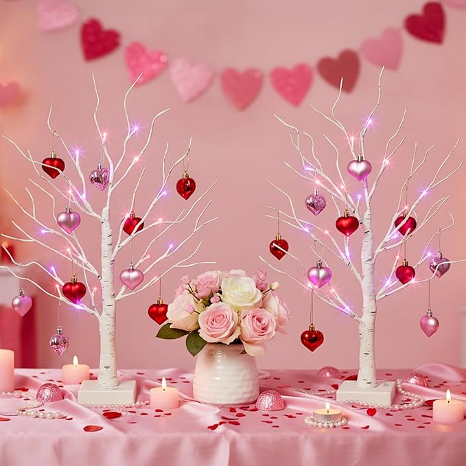 Valentines Day Decorations Birch Tree with Heart-Shaped Ornaments, Lighted Artificial Tree with 24 LED Pink&Red Lights, Light Up Tabletop Trees USB&Battery Operated for Home Indoor Table (2Pack 2Ft)