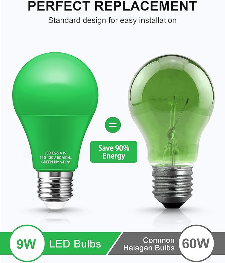 Green Light Bulb【 4 Pack】, 9W (60W Equivalent) A19 Green Light Bulbs, E26 Base Non-Dimmable,720LM 120V Porch Light, LED Colored Light Bulbs for Christmas Decor Party Holiday Lighting