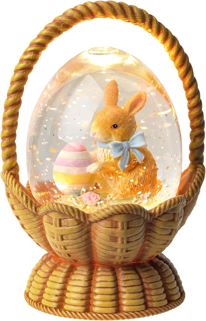 Easter Snow Globe Lantern Bunny Easter Decorations for Home with Timer Swirling Glitter, Lighted Indoor Decor Gifts with Basket Eggs, USB or Battery Operated