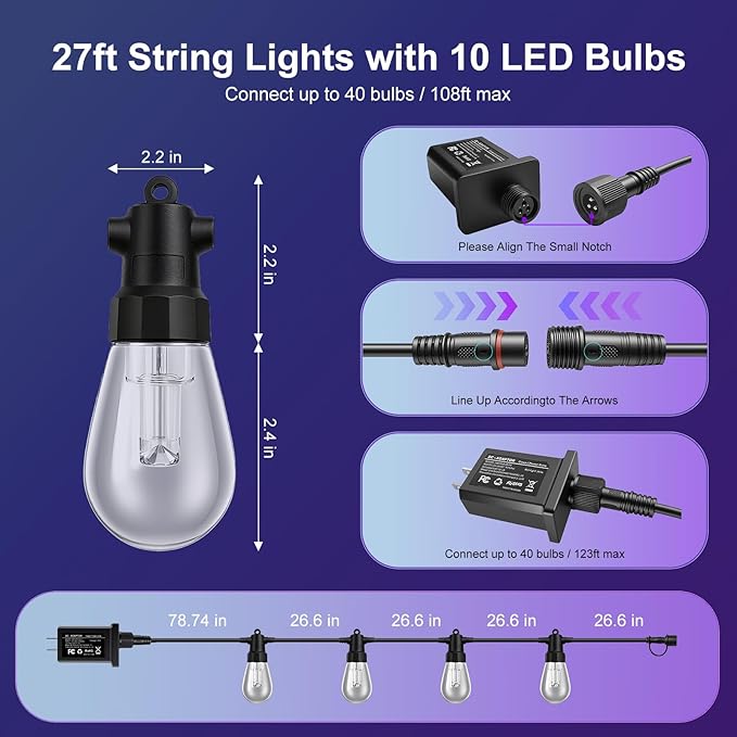 Outdoor String Lights 27ft, Patio Lights with 10 Dimmable LED Bulbs, RGBW & Warm White, IP66 Waterproof, Shatterproof, APP & Remote Control, Color Change, Customizable Colors for Backyard Décor