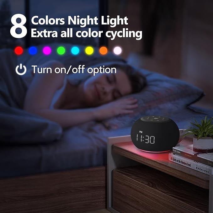 Reacher Auto-Dimmable Alarm Clock Sound Machine with Night Light, 20 Soothing Sounds, LED Digital Display, Sleep Timer, Adjustable Volume, Small White Noise Maker for Office, Travel