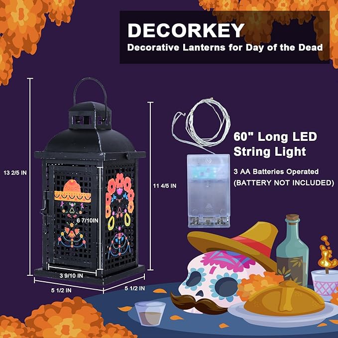 Day of The Dead Decorations, DECORKEY 13.4’’ Decorative Skull Women&Men Candle Lantern with 60" Lights(No Battery), Tabletop&Hanging Lantern for Indoor&Outdoor Yard Altar Table Party Halloween Decor