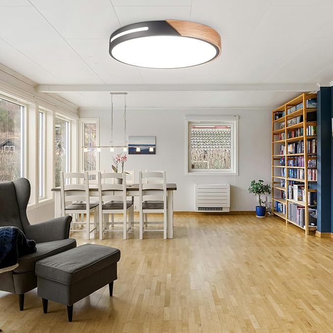 Wood Ceiling Light Flush Mount LED 36W, 16 inch Flush Mount Black, Kitchen Light Fixtures Ceiling Mount, Dimmable Close to Ceiling Light for Bedroom, Living Room, Bathroom