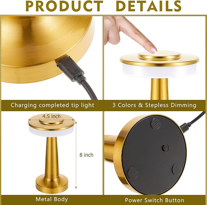 Riakrum 4 Pcs LED Portable Cordless Table Lamp with Touch Sensor 3 Color Stepless Dimming Rechargeable Battery up to 15 Hours Cordless Table Light Wireless Lamp for Nursery (Gold)