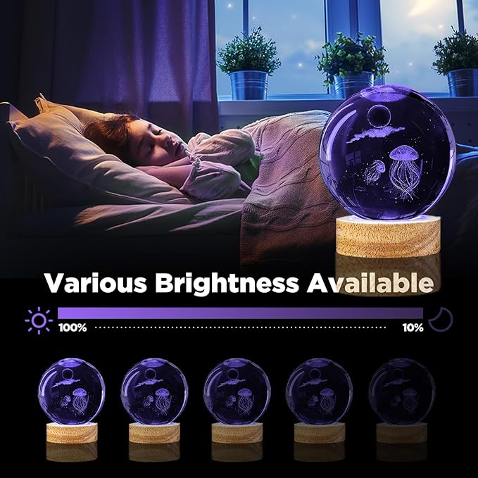 3D Jellyfish Crystal Ball Night Light with 16 Color Led Wooden Base Large 3.15 Inch Glass Ball Lamp with Remote for Birthday Christmas Cool Jellyfish Decor Gifts for Boys Girls