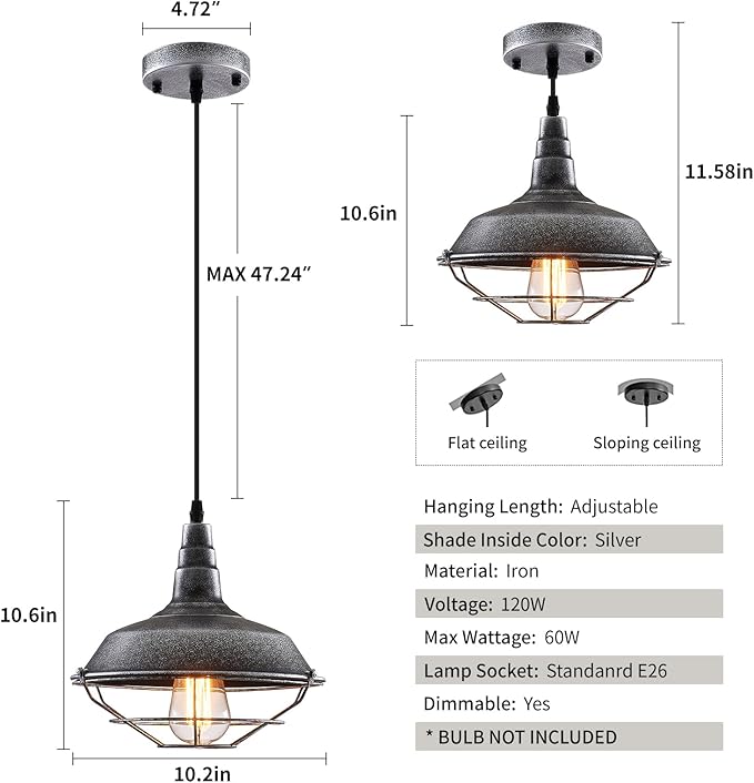 Black and Silver Pendant Light fixtures 10.5 inches 3 Packs, Matte Pendant Lights Kitchen Island, Industrial Pendant Light, Vintage Farmhouse Pendant Lights for Dinning Room Entryway Barn