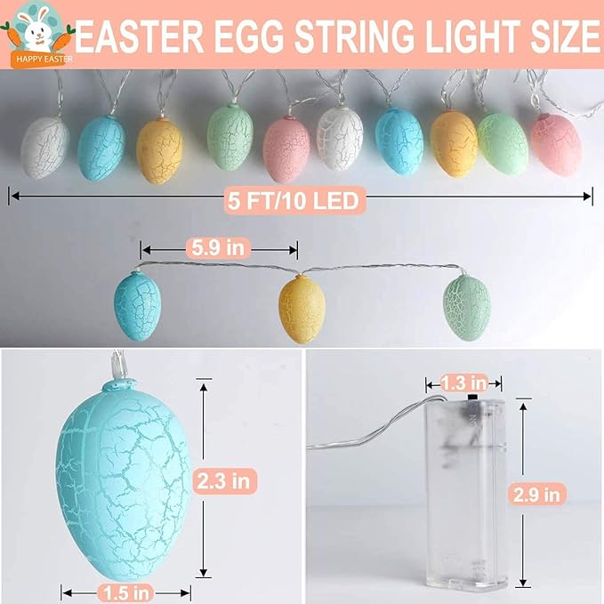 TURNMEON 2 Pack Easter Lights String Easter Decorations, Total 10 Ft 20 LED 3D Jumbo Crack Egg Light Easter String Lights Battery Operated for Home Indoor Outdoor Bedroom Eggs Hunt Party Decor
